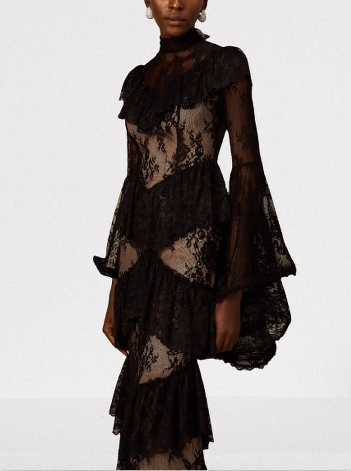 Black Floral Lace Tiered Maxi Dress - Dresses