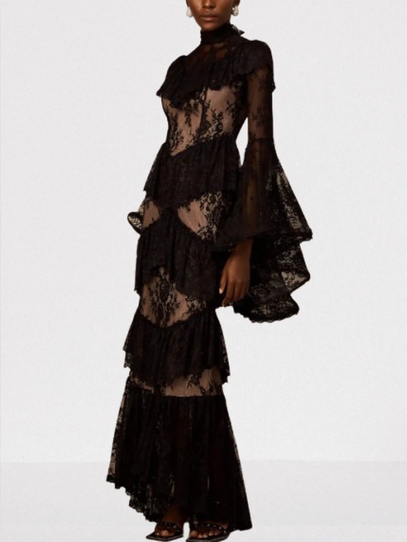 Black Floral Lace Tiered Maxi Dress - Dresses