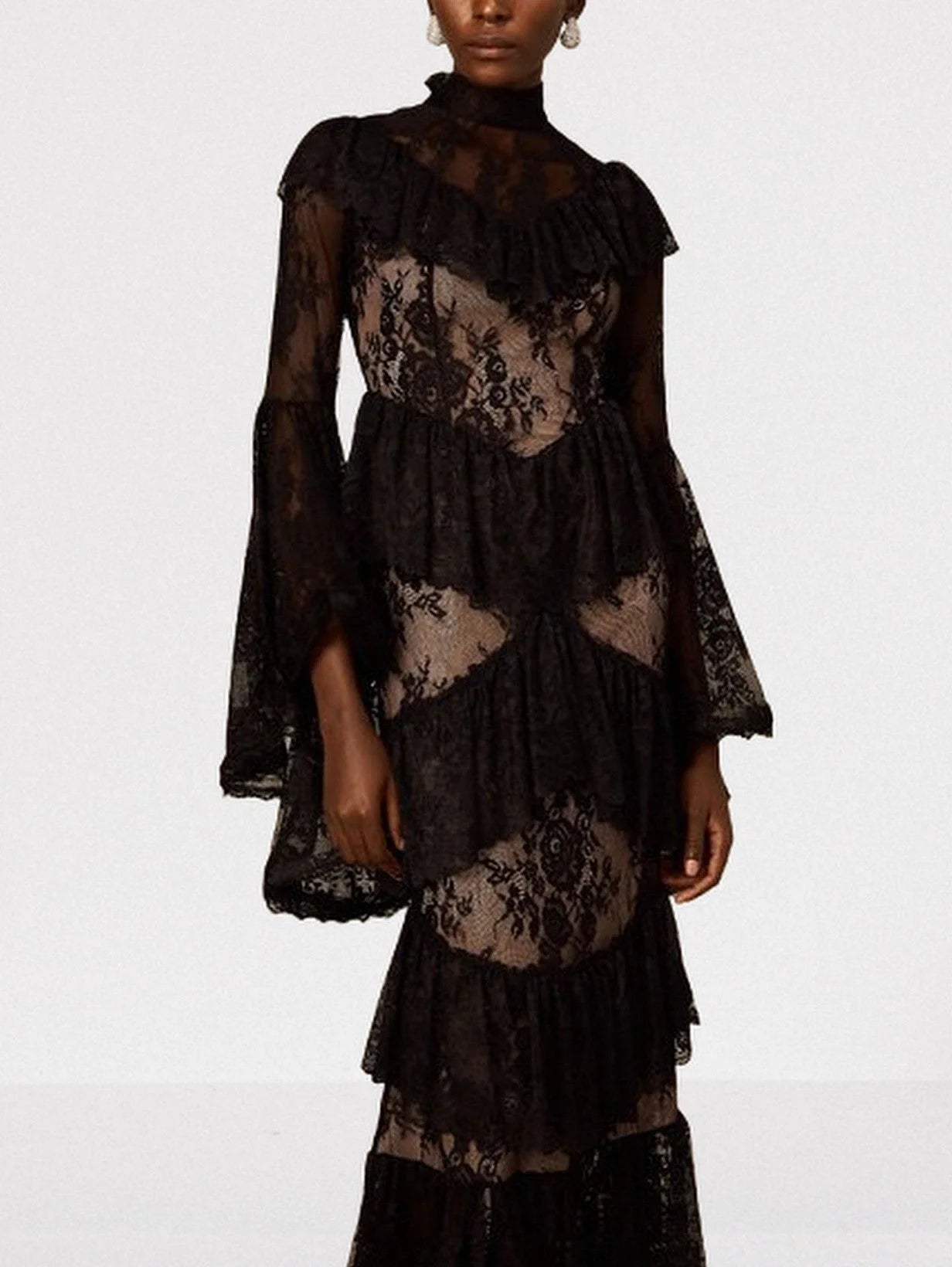 Black Floral Lace Tiered Maxi Dress - Dresses