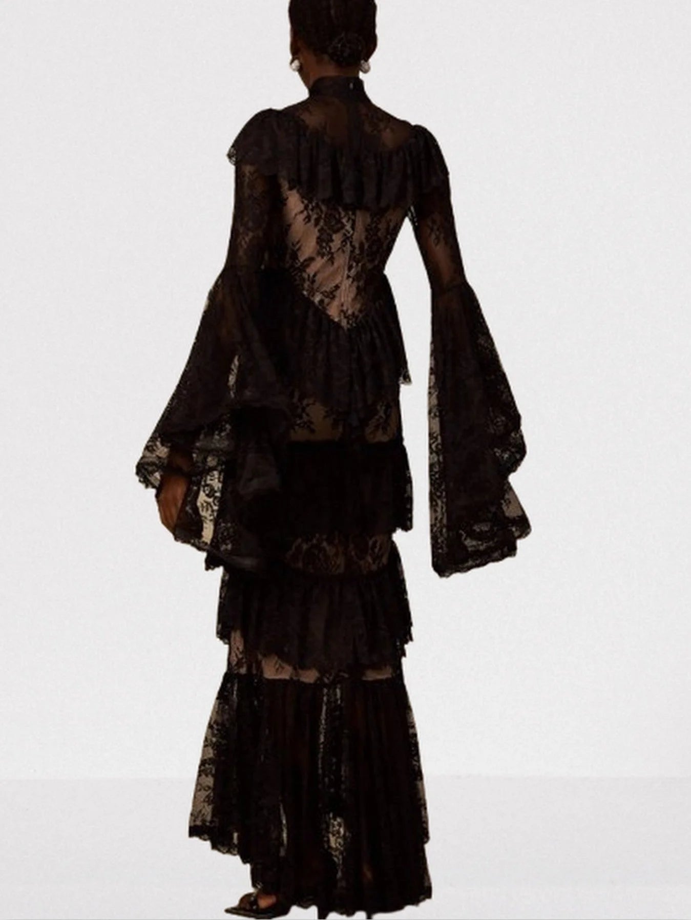 Black Floral Lace Tiered Maxi Dress - Dresses