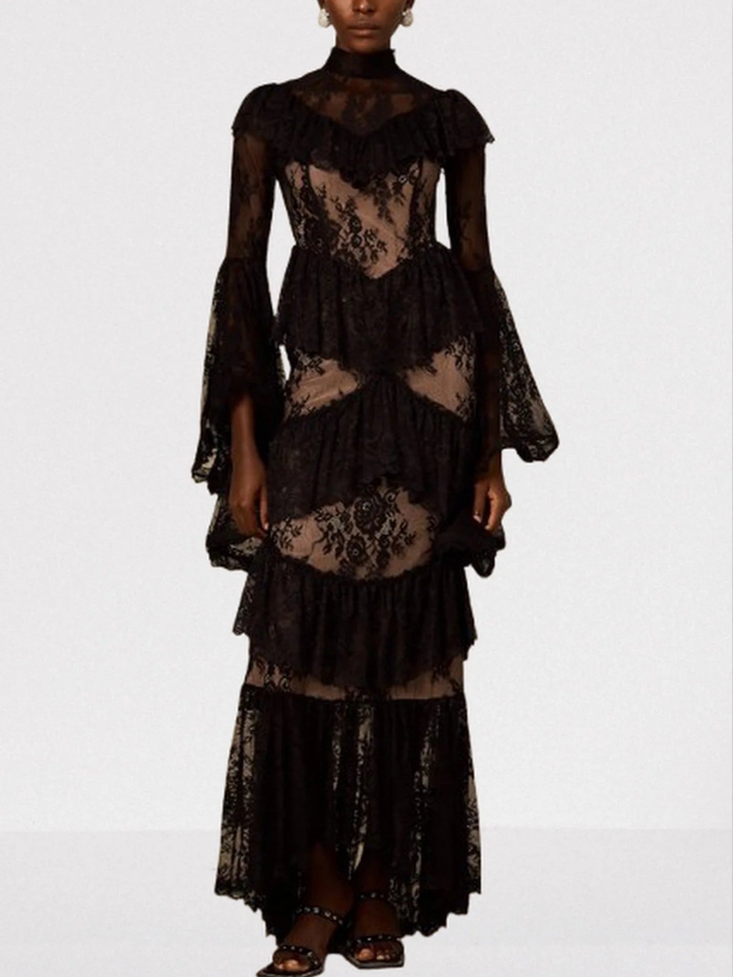 Black Floral Lace Tiered Maxi Dress - S - Dresses