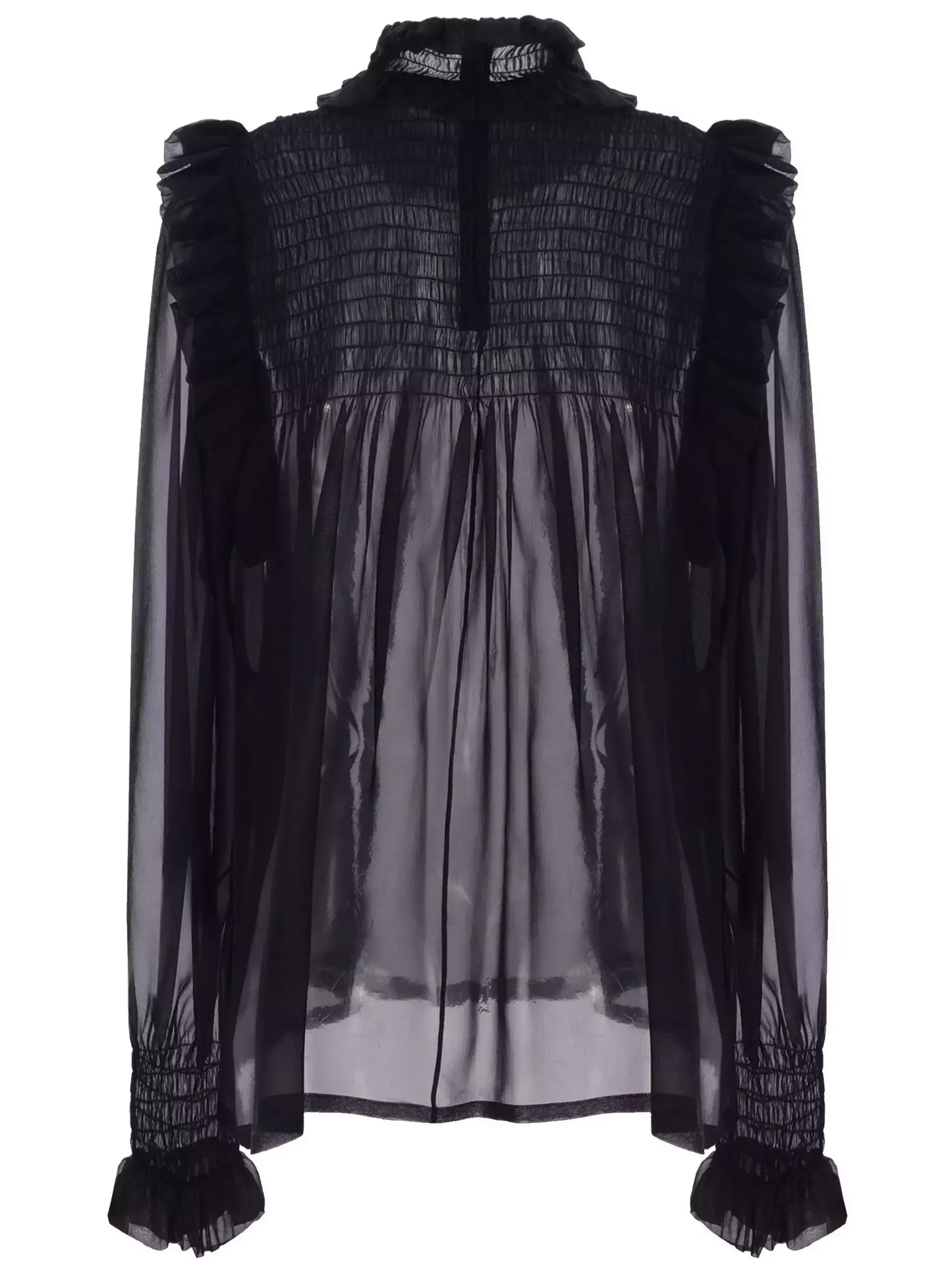 Black Frilled High-Collar Silk Sheer Blouse - Tops