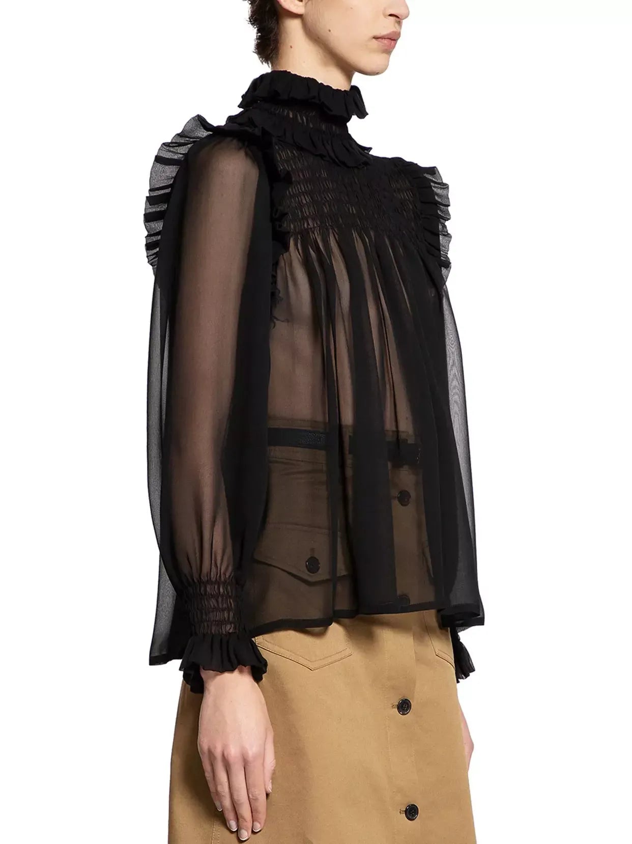Black Frilled High-Collar Silk Sheer Blouse - Tops