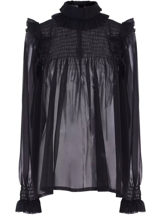 Black Frilled High-Collar Silk Sheer Blouse - Tops