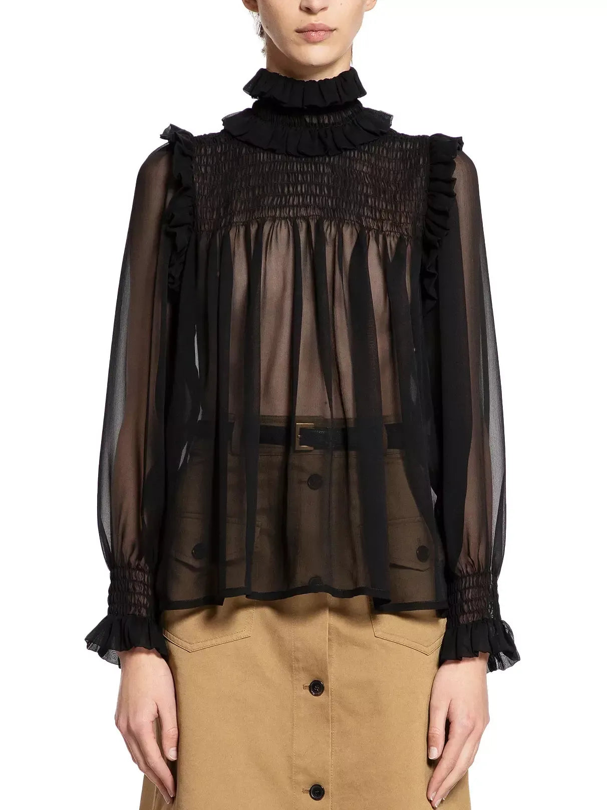 Black Frilled High-Collar Silk Sheer Blouse - Tops