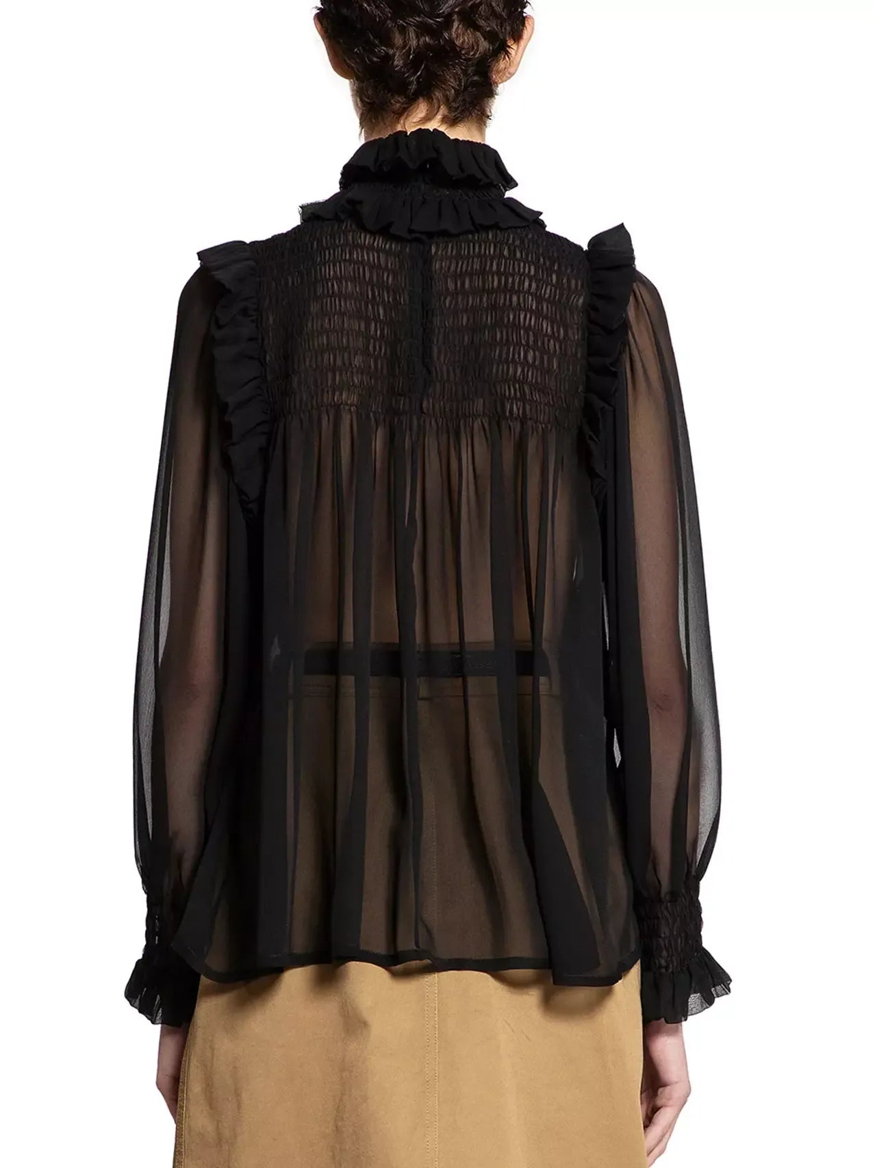 Black Frilled High-Collar Silk Sheer Blouse - Tops