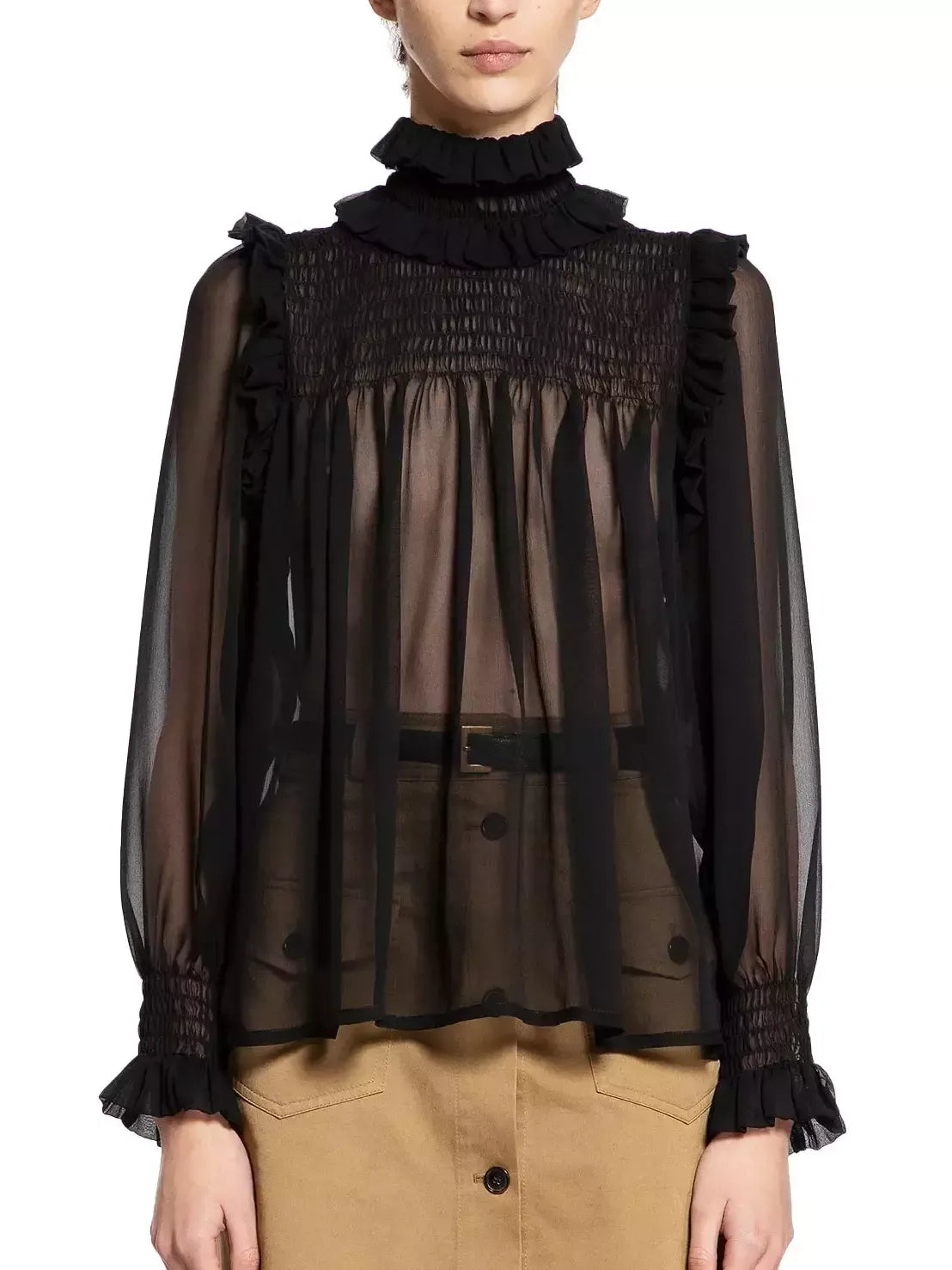 Black Frilled High-Collar Silk Sheer Blouse - Tops