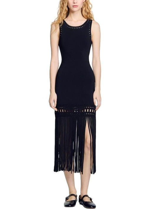 Black Fringed Knit Openwork Midi Dress - Dresses