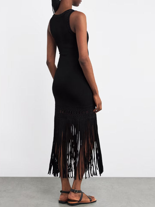 Black Fringed Knit Openwork Midi Dress - Dresses