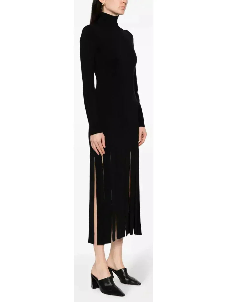 Black Fringed Knitted Dress - Dresses
