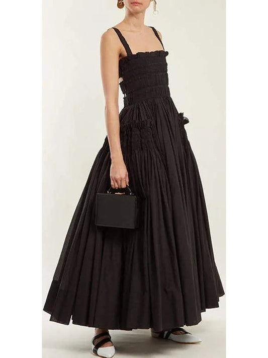Black Gathered Smocked Maxi Dress - Dresses