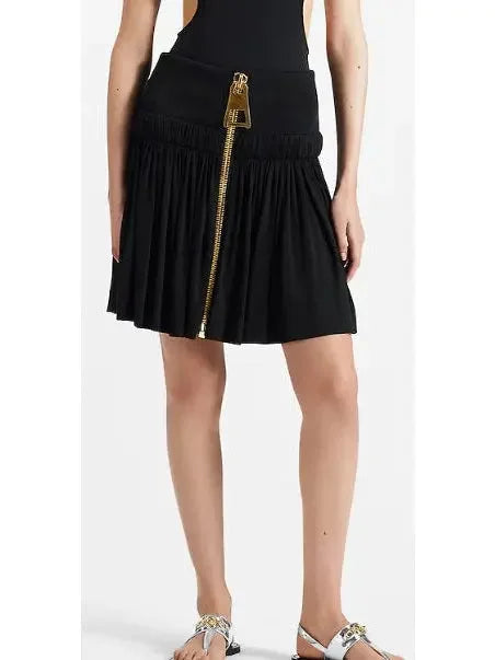 Black Gathered Zipper Mini Skirt - Skirts