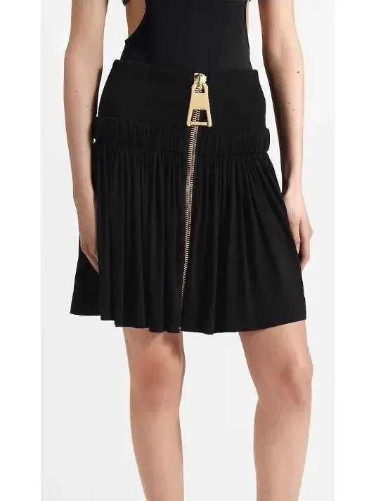 Black Gathered Zipper Mini Skirt - Skirts