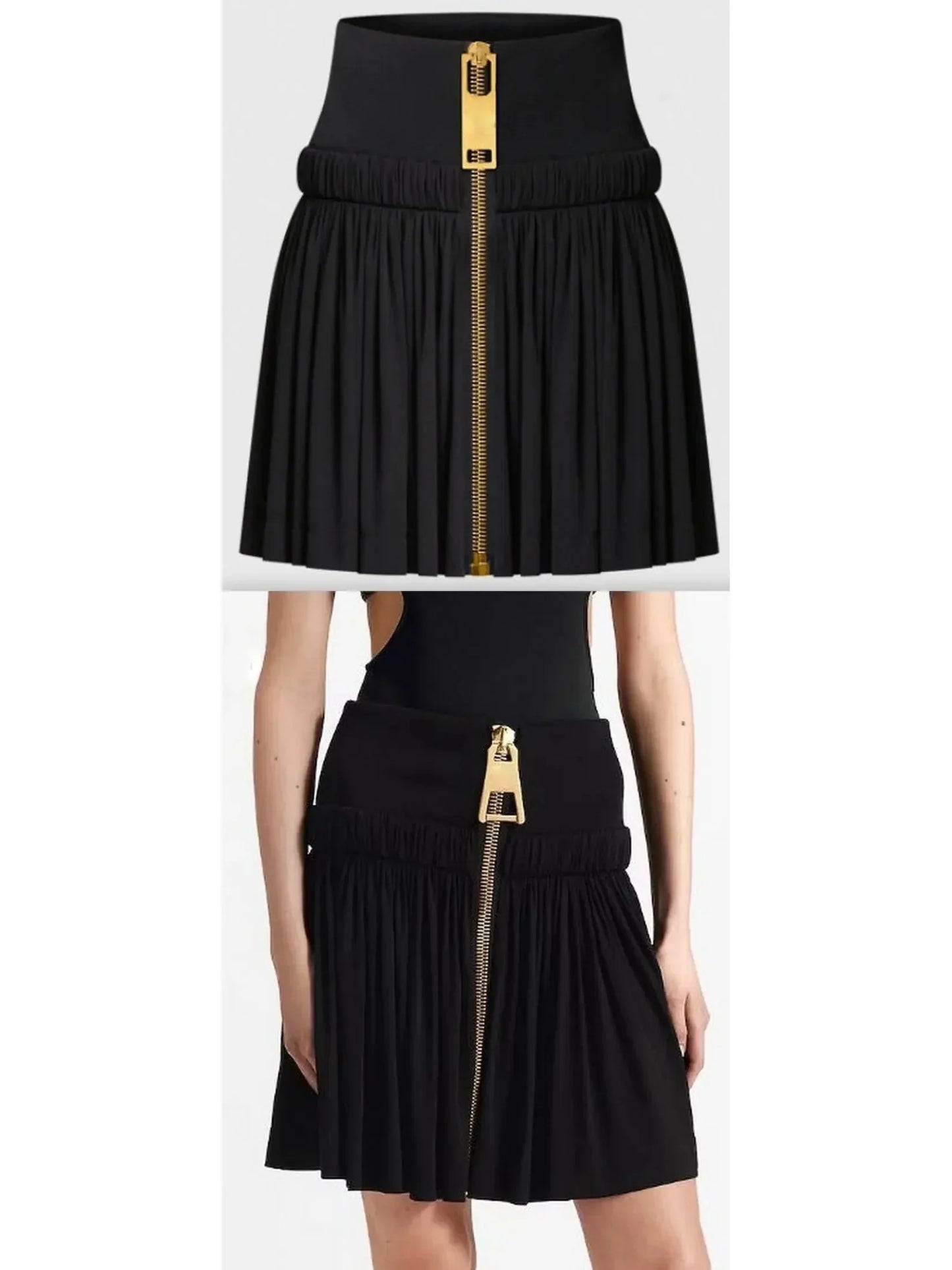 Black Gathered Zipper Mini Skirt - Skirts