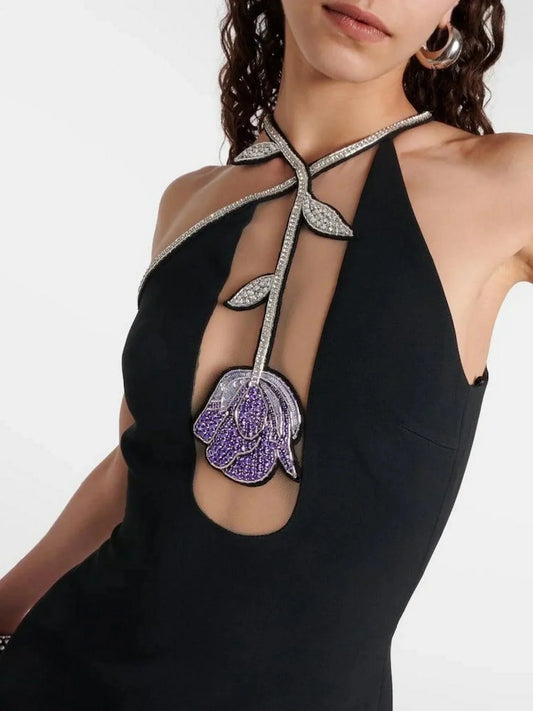 Black Halter Mini Dress with Rose-Embellishment - Dresses