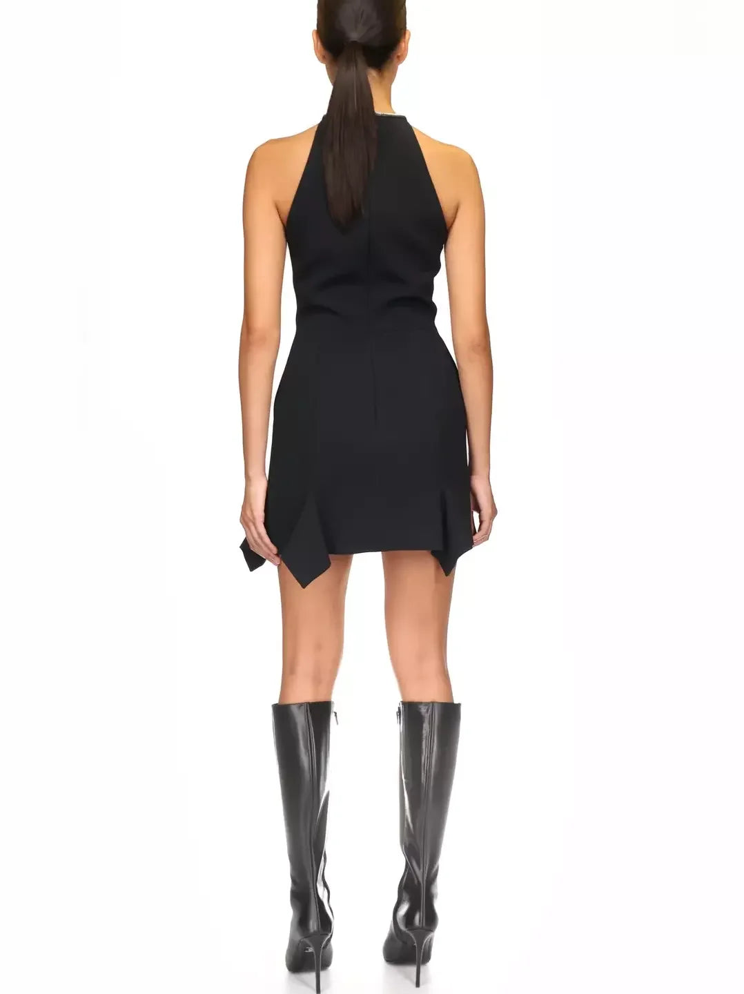 Black Halter Mini Dress with Rose-Embellishment - Dresses