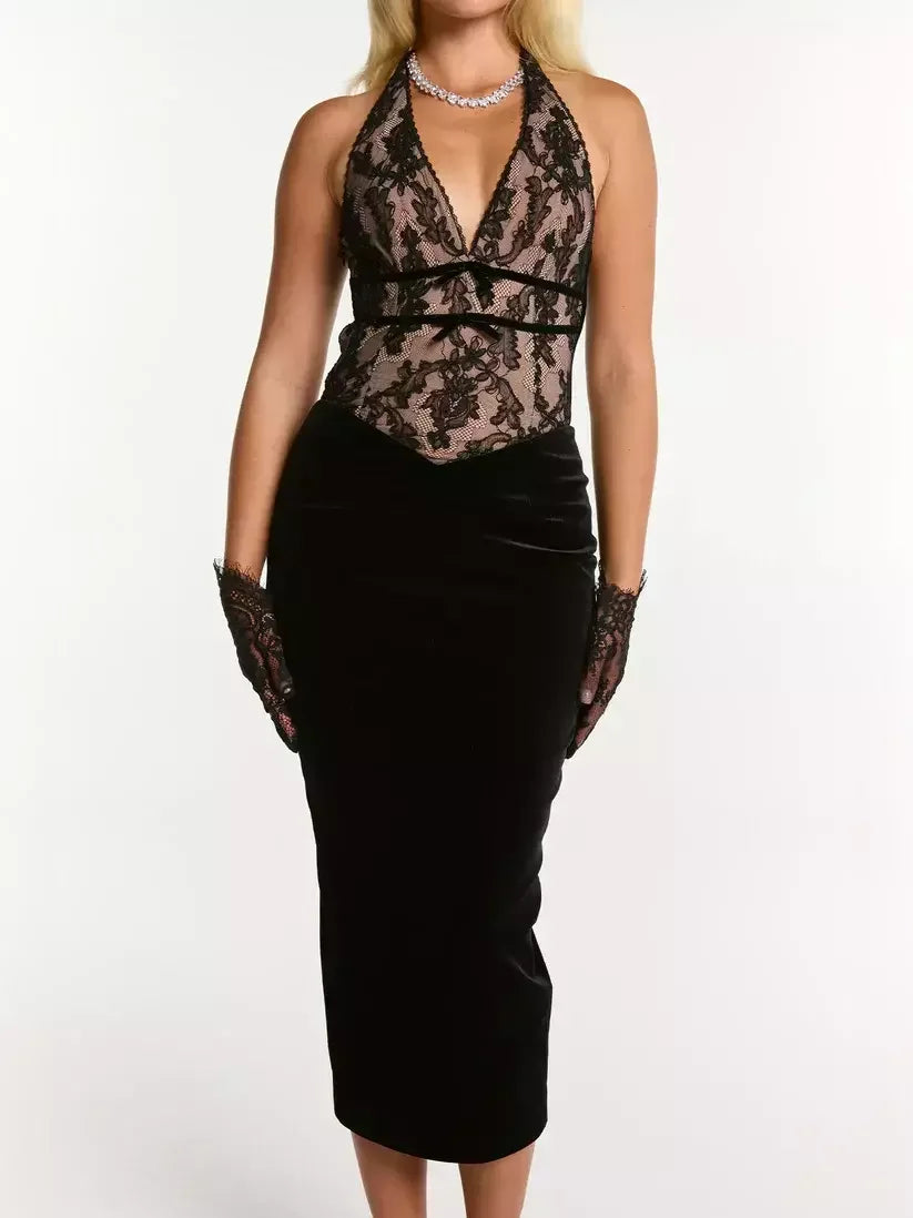 Elegant Black Halter-Neck Velvet and Lace Detailed Dress for a sophisticated look