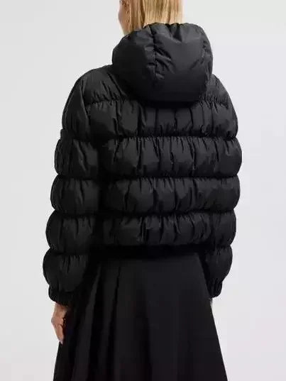 Black Hooded Ruched Puffer Jacket - Jackets