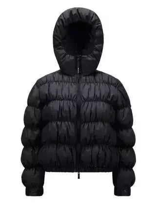 Black Hooded Ruched Puffer Jacket - Jackets