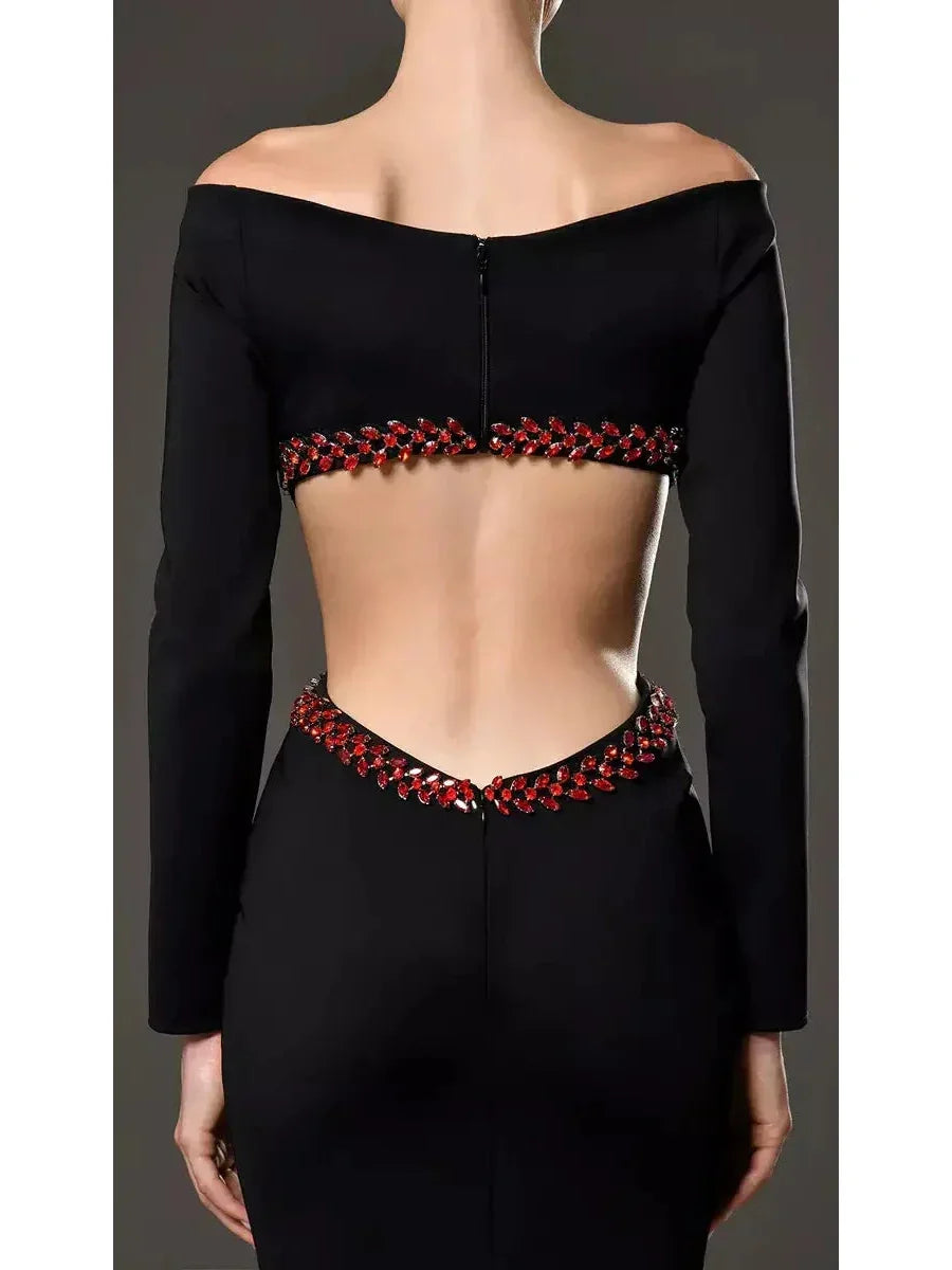 Black Jersey Dress Featuring Red Crystal Embroidery on the Waist Cut-Out and Back - Dresses