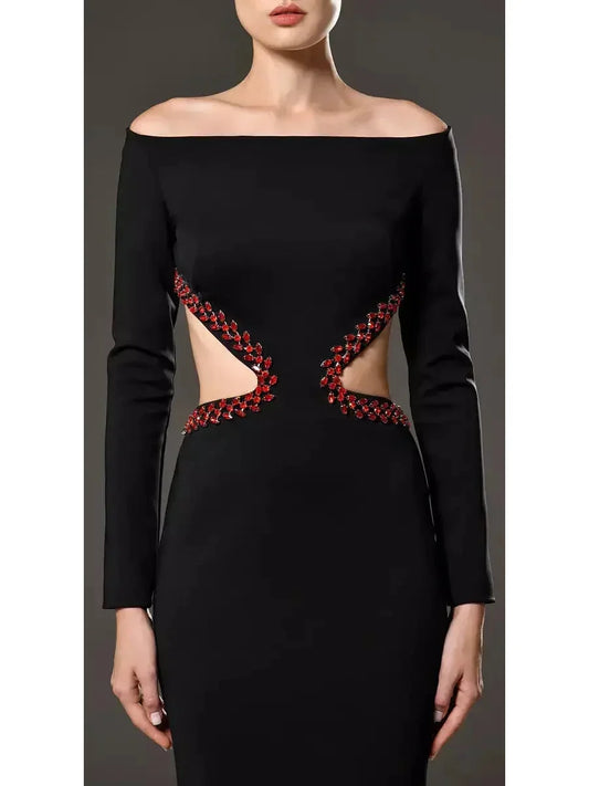 Black Jersey Dress Featuring Red Crystal Embroidery on the Waist Cut-Out and Back - Dresses