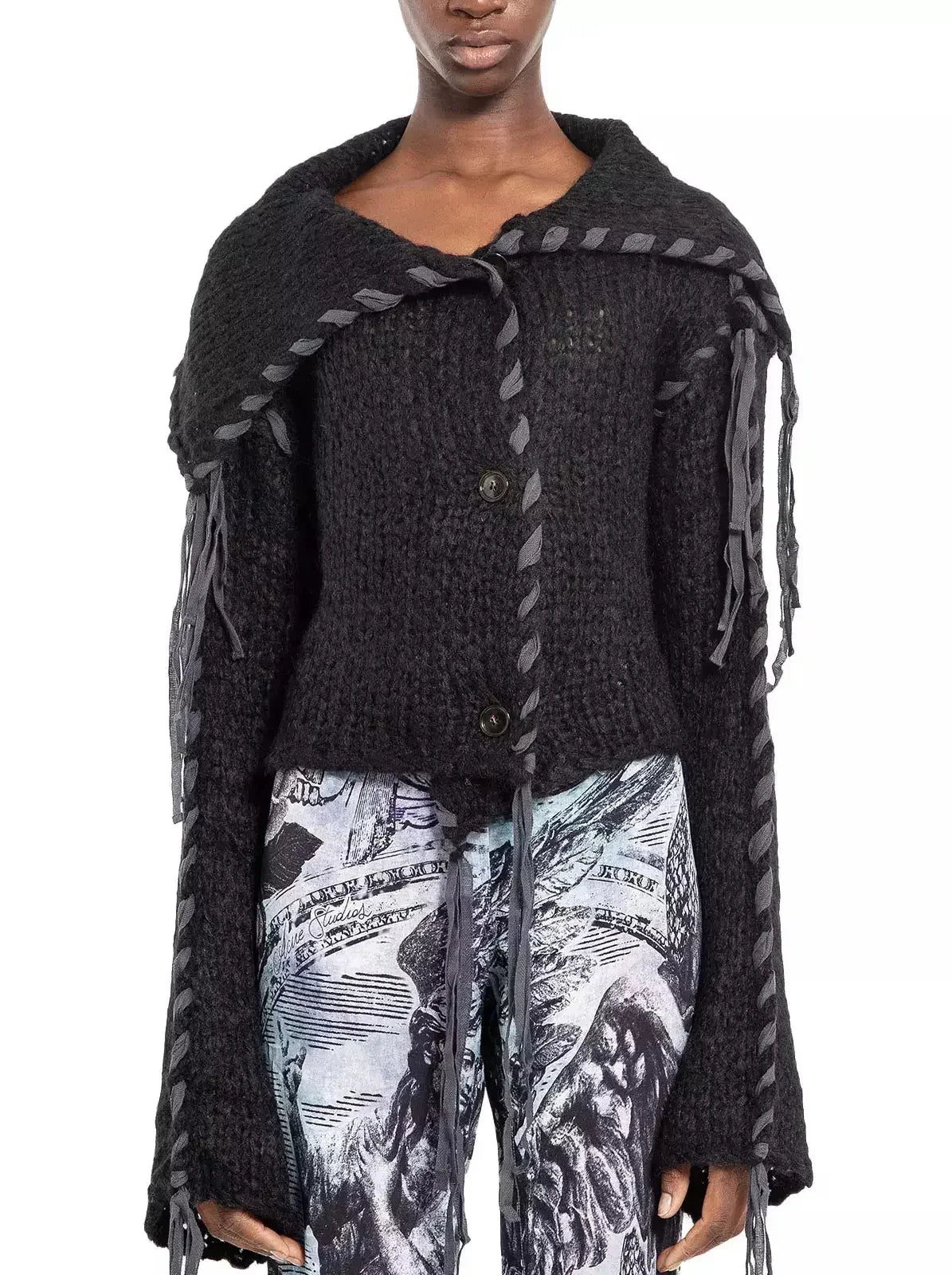 Black Knit Lacing Cardigan with Sailor Collar - Sweaters & Knitwear