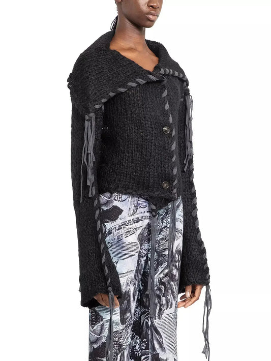 Black Knit Lacing Cardigan with Sailor Collar - Sweaters & Knitwear