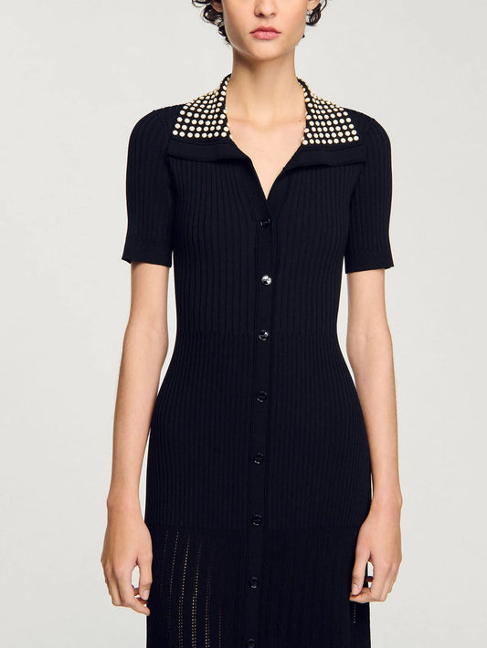 Black Knit Maxi Dress with Studded Collar - Dresses