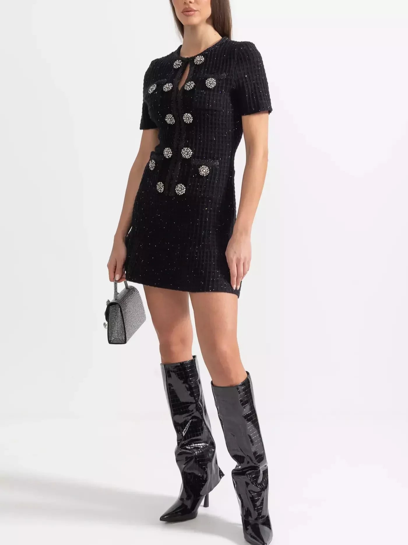 Black Knit Mini Dress with Jewel Buttons - Dresses