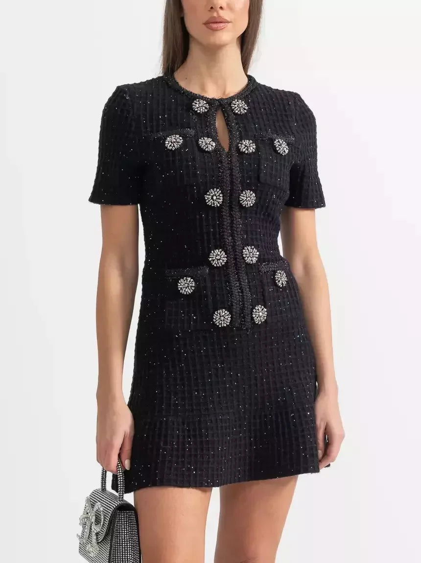 Black Knit Mini Dress with Jewel Buttons - Dresses