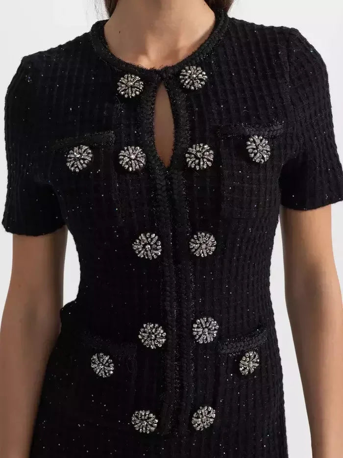 Black Knit Mini Dress with Jewel Buttons - Dresses
