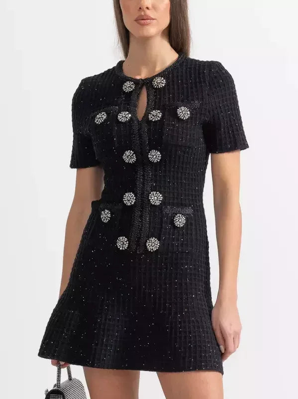 Black Knit Mini Dress with Jewel Buttons - Dresses