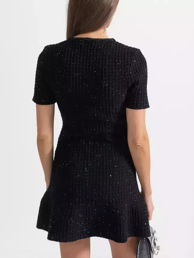 Black Knit Mini Dress with Jewel Buttons - Dresses