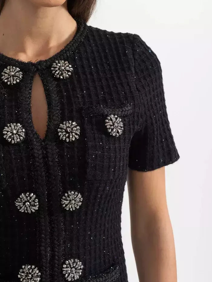 Black Knit Mini Dress with Jewel Buttons - Dresses