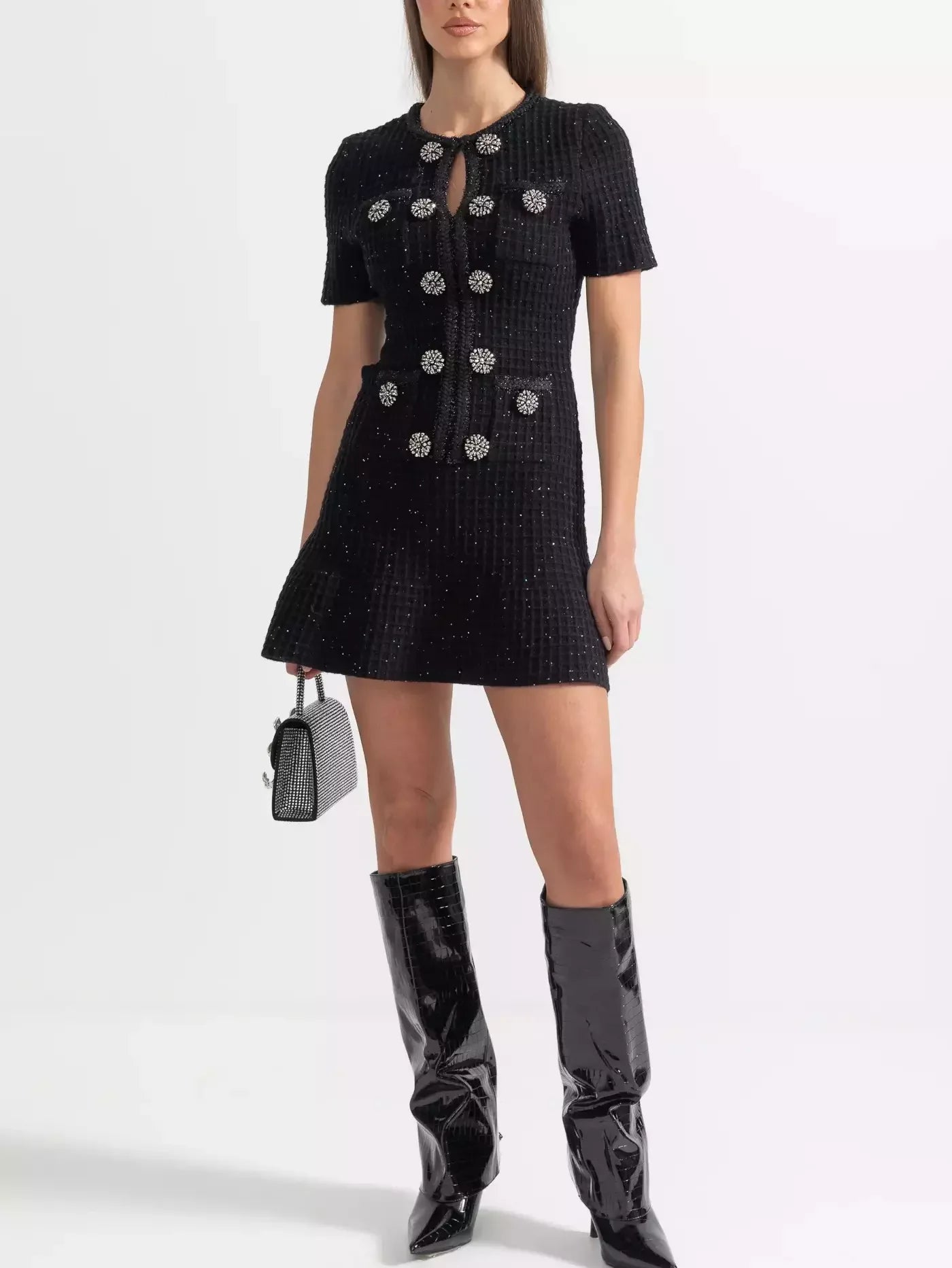 Black Knit Mini Dress with Jewel Buttons - Dresses