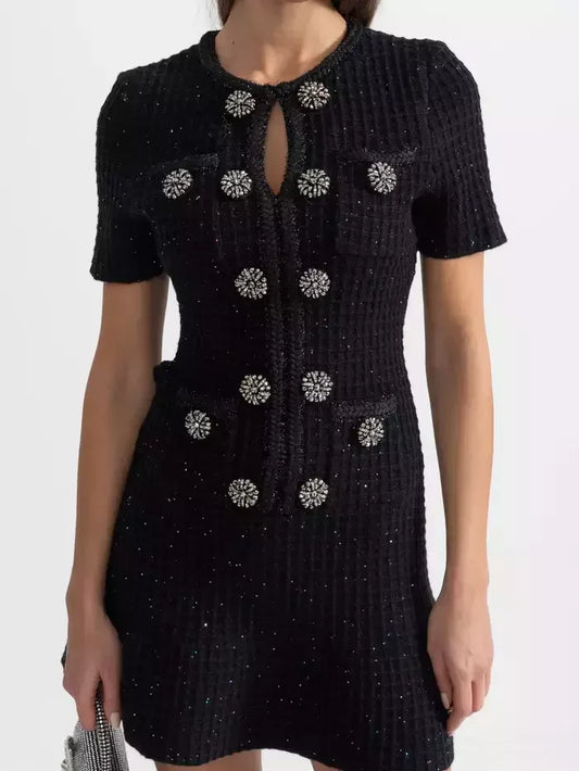 Black Knit Mini Dress with Jewel Buttons - Dresses