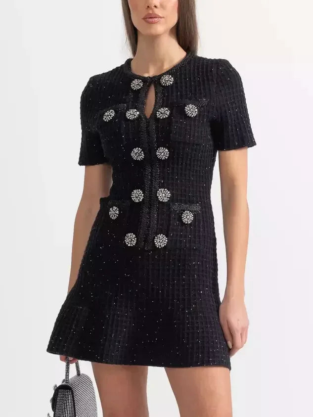 Black Knit Mini Dress with Jewel Buttons - Small - Dresses