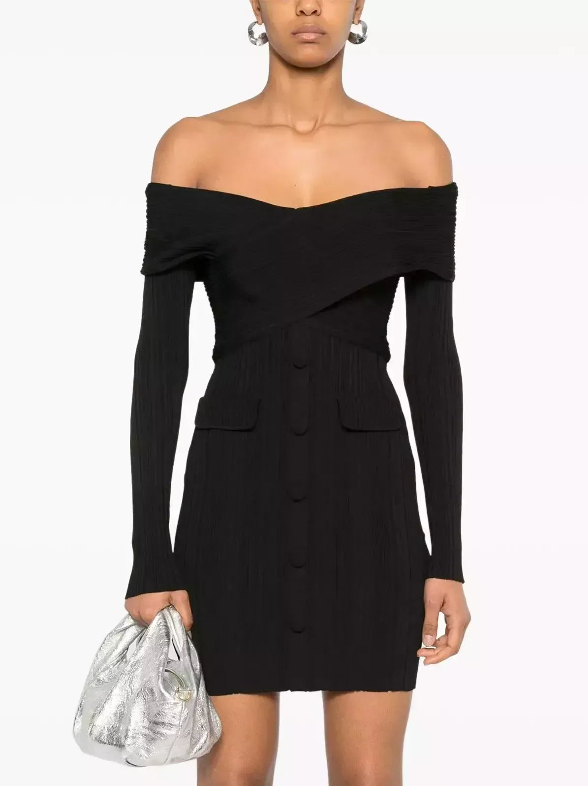 Black Knit Off-The-Shoulder Mini Dress - Dresses