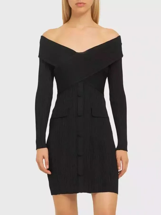 Black Knit Off-The-Shoulder Mini Dress - Dresses