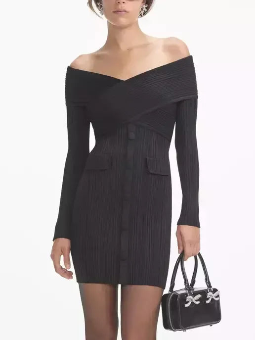 Black Knit Off-The-Shoulder Mini Dress - Dresses