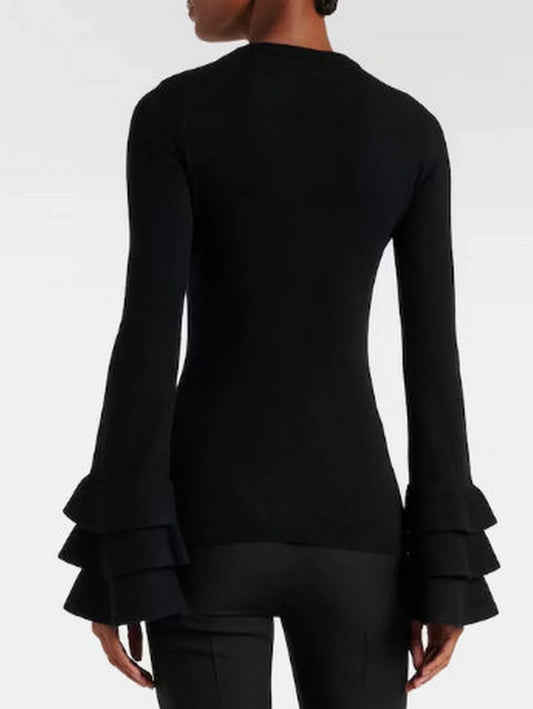 Black Knit Ruffle-Cuff Sweater - Sweaters & Knitwear
