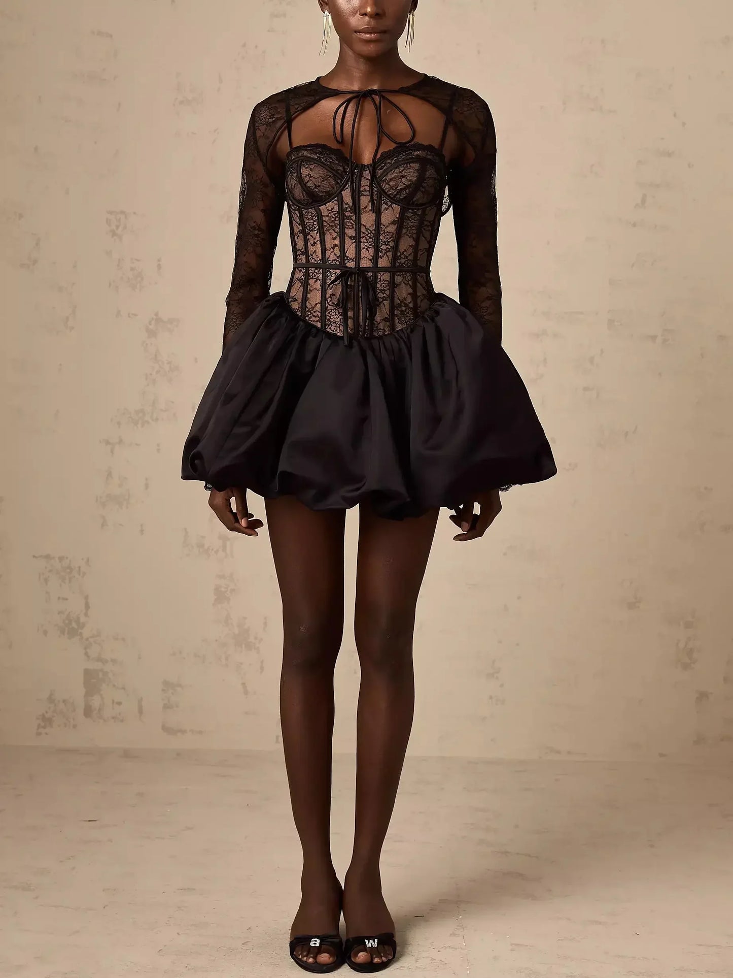 Black Lace Corset Style Flared Mini Dress with Bolero Jacket - Dresses