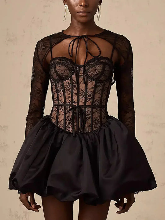 Black Lace Corset Style Flared Mini Dress with Bolero Jacket - Dresses