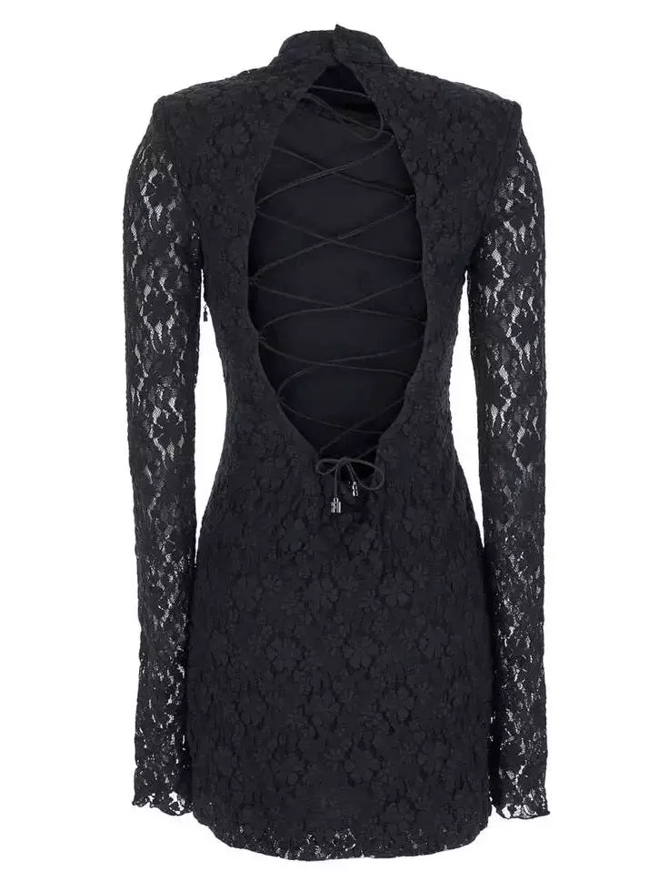 Black Lace Mini Dress with Lace-Up Open Back - Dresses