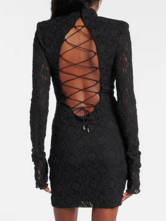 Black Lace Mini Dress with Lace-Up Open Back - Dresses