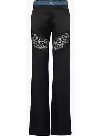Black Lace-Panel Straight-Leg Satin Pants - Jeans & Pants