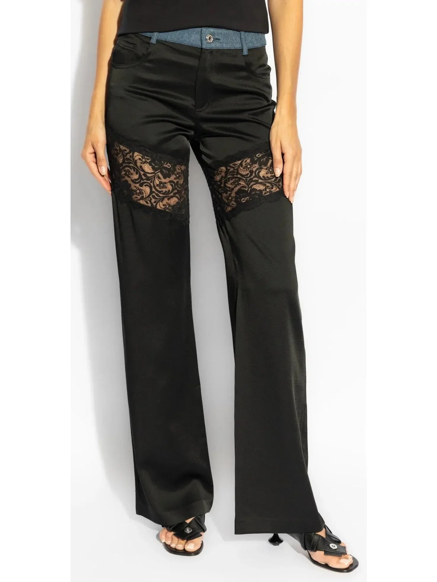 Black Lace-Panel Straight-Leg Satin Pants - Jeans & Pants
