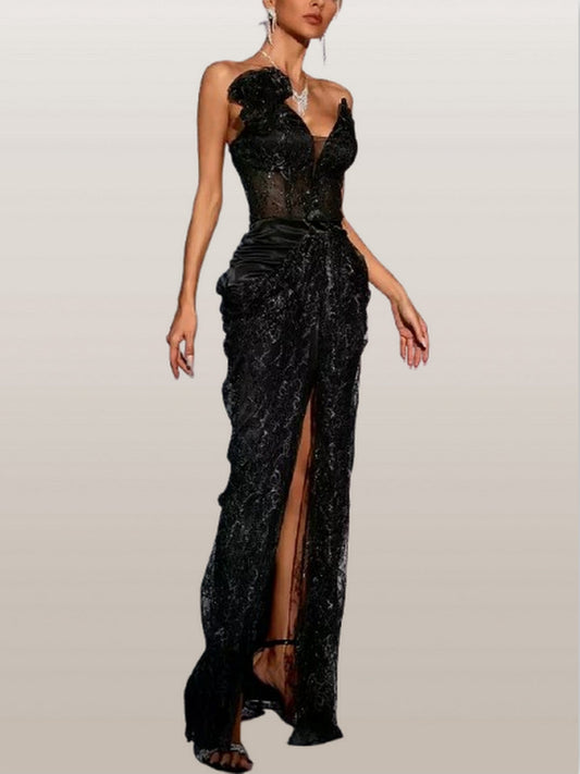 Black Lace Sleeveless Draped Maxi Dress - Dresses