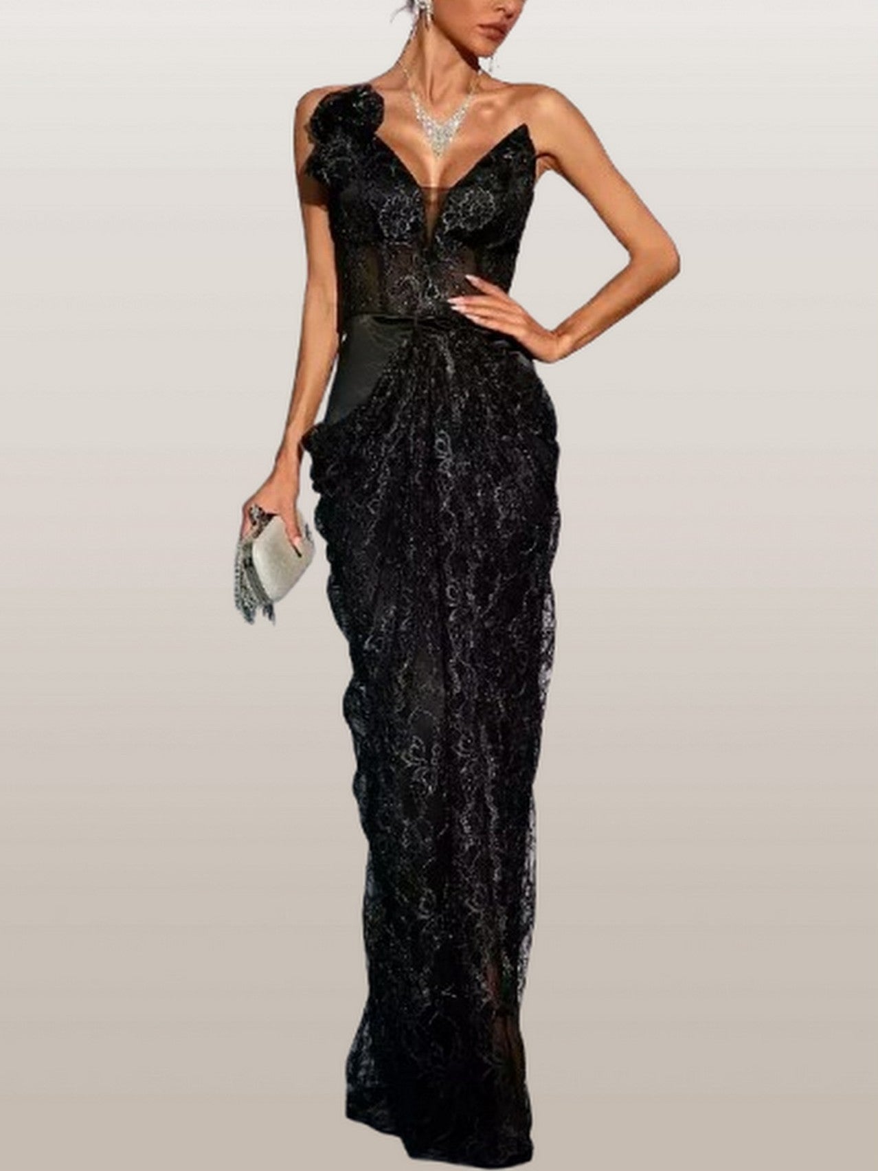 Black Lace Sleeveless Draped Maxi Dress - Small - Dresses