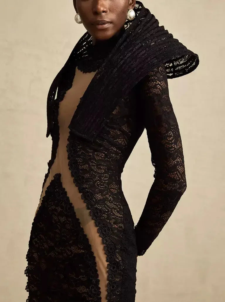 Black Lace Structured-Collar Split-Detailed Gown - Dresses